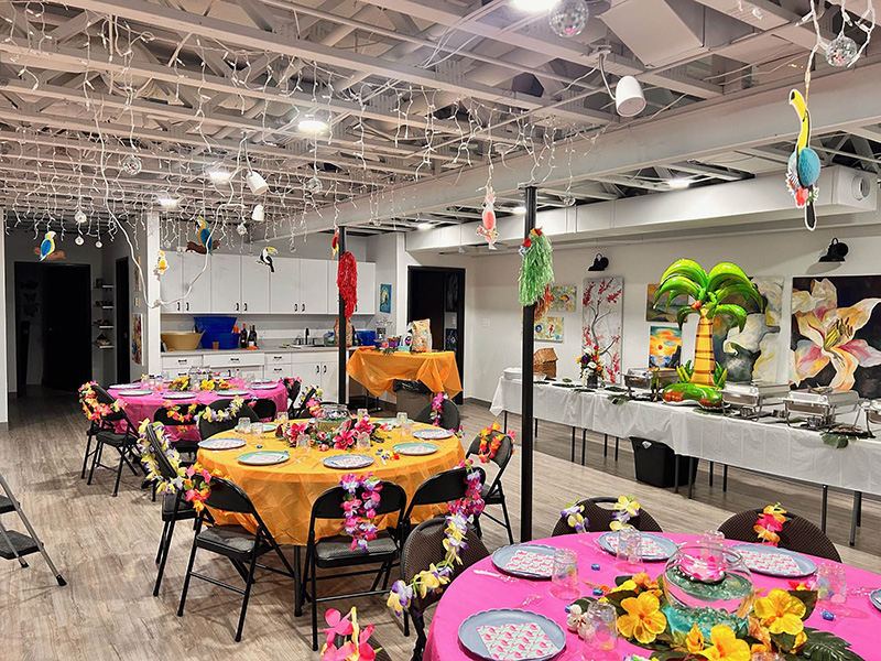 Studio prepped for Hawaiian theme party